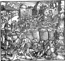 Siege of a fortress. Illustration from the book Phisicke Against Fortune by Petrarch, 1532