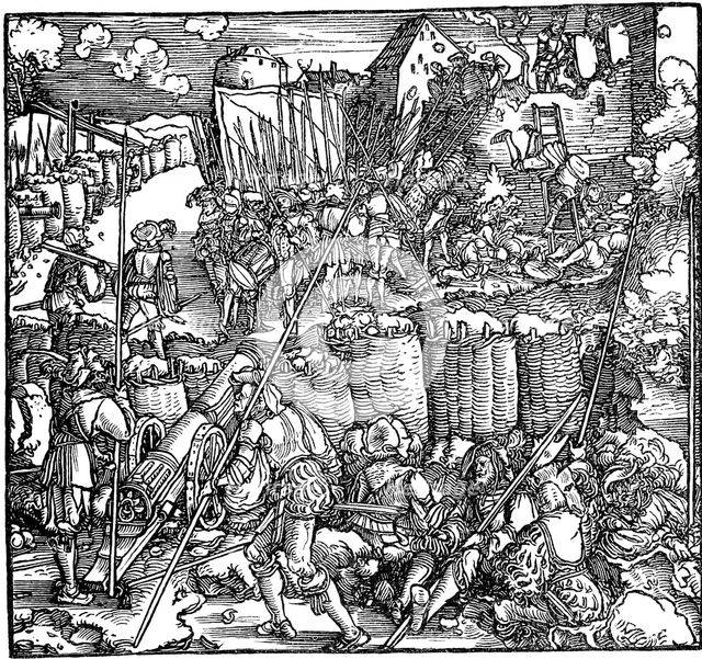 Siege of a fortress. Illustration from the book Phisicke Against Fortune by Petrarch, 1532.