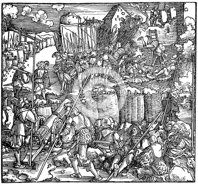 Siege of a fortress. Illustration from the book Phisicke Against Fortune by Petrarch, 1532. Artist: Weiditz, Hans, the Younger (c. 1500-1536)