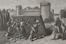 Siege of Barcelona in 801: Frankish soldiers protected behind a mantlet, 1890. Creator: Joan Serra y Pausas