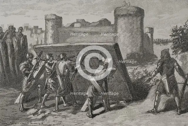 Siege of Barcelona in 801: Frankish soldiers protected behind a mantlet, 1890.  Creator: Joan Serra y Pausas.