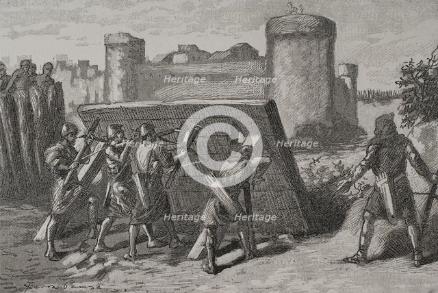 Siege of Barcelona in 801: Frankish soldiers protected behind a mantlet, 1890.  Creator: Joan Serra y Pausas.