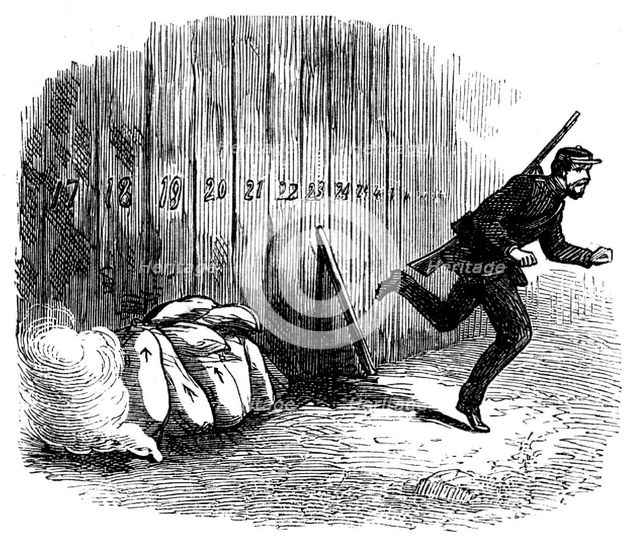 Siege Operations at Chatham: lighting the fuse for the powder-bags, 1871. Creator: Unknown.