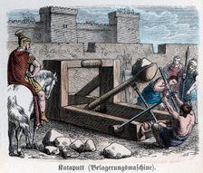 Siege to a city, Roman soldiers carrying a slingshot to knock down the walls, engraving 1866