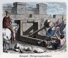 Siege to a city, Roman soldiers carrying a slingshot to knock down the walls, engraving 1866