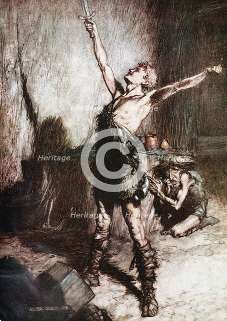 Siegfried forges his sword. Illustration for Siegfried and The Twilight of the Gods by Richard Wag Artist: Rackham, Arthur (1867-1939)