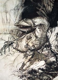 Siegfried kills Fafner 1924. Artist: Arthur Rackham
