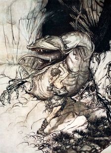 Siegfried kills Fafner 1924. Creator: Arthur Rackham
