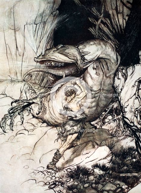 'Siegfried kills Fafner', 1924.  Creator: Arthur Rackham.