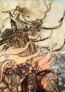 Siegfried leaves Brunnhilde in search of adventure 1924. Creator: Arthur Rackham