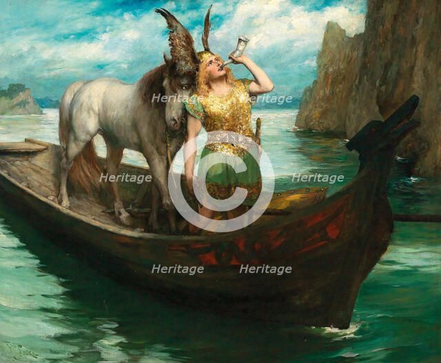 Siegfried's Journey to the Rhine. The Twilight of the Gods. Singer Hubert Leuer as Siegfried, 1908. Creator: Leeke, Ferdinand (1859-1937).