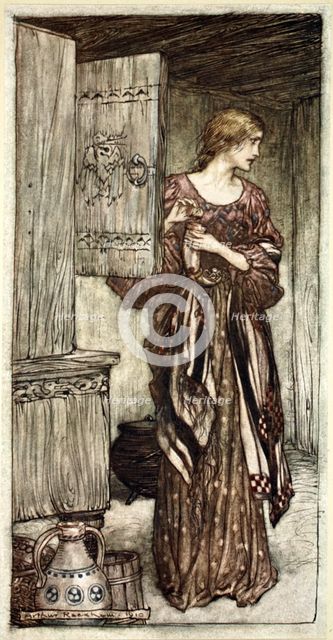 'Sieglinde prepares Hunding's draught for the night', 1910.  Creator: Arthur Rackham.