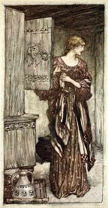 Sieglinde prepares Hunding's draught for the night 1910. Creator: Arthur Rackham