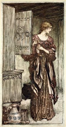 Sieglinde prepares Hunding's draught for the night 1910. Creator: Arthur Rackham