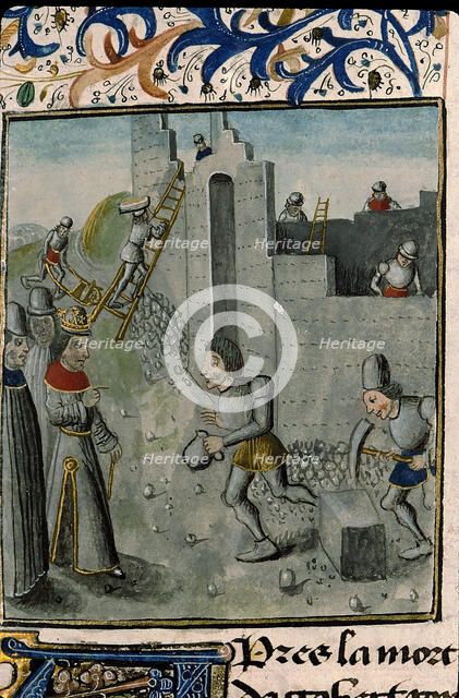 Sigebert III ordering the reconstruction of a city in Austrasia. From Annales historiae... , c1470. Creator: Anonymous ().