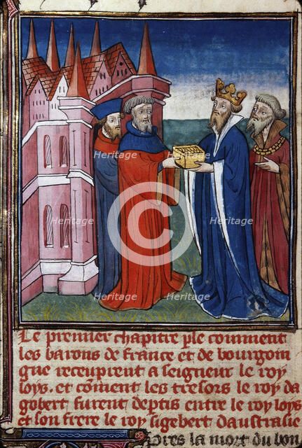 Sigebert III receiving his share of the treasure of Dagobert I ..., 1400-1410. Creator: Anonymous ().
