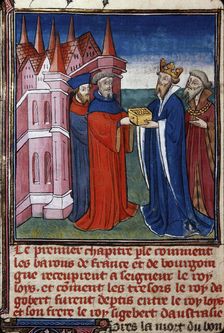 Sigebert III receiving his share of the treasure of Dagobert I ..., 1400-1410. Creator: Anonymous ()