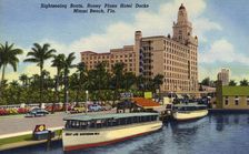 Sightseeing boats, Roney Plaza Hotel docks, Miami Beach, Florida, USA, 1948