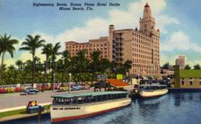 Sightseeing boats, Roney Plaza Hotel docks, Miami Beach, Florida, USA, 1948