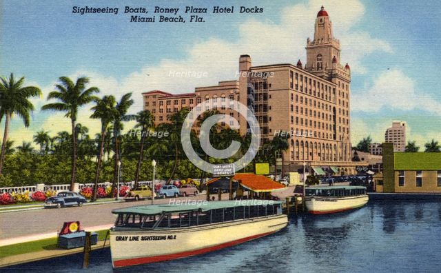 Sightseeing boats, Roney Plaza Hotel docks, Miami Beach, Florida, USA, 1948. Artist: Unknown