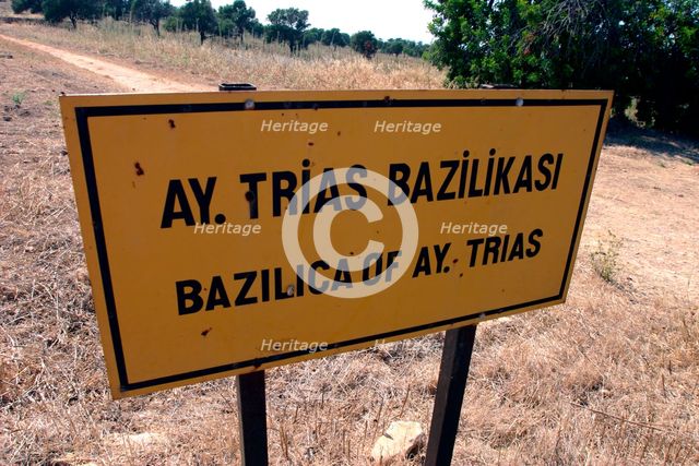 Sign, Basilica of Ayia Trias, Famagusta, North Cyprus. Creator: Peter Thompson.
