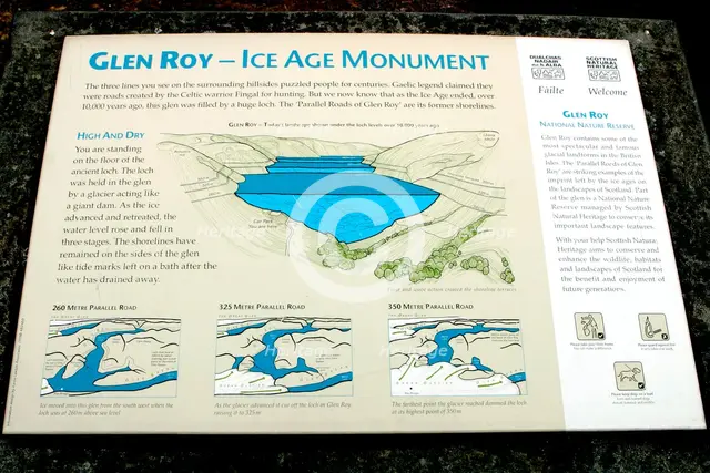 Sign describing the Ice Age Monument, Glen Roy, Highland, Scotland. Creator: Peter Thompson.