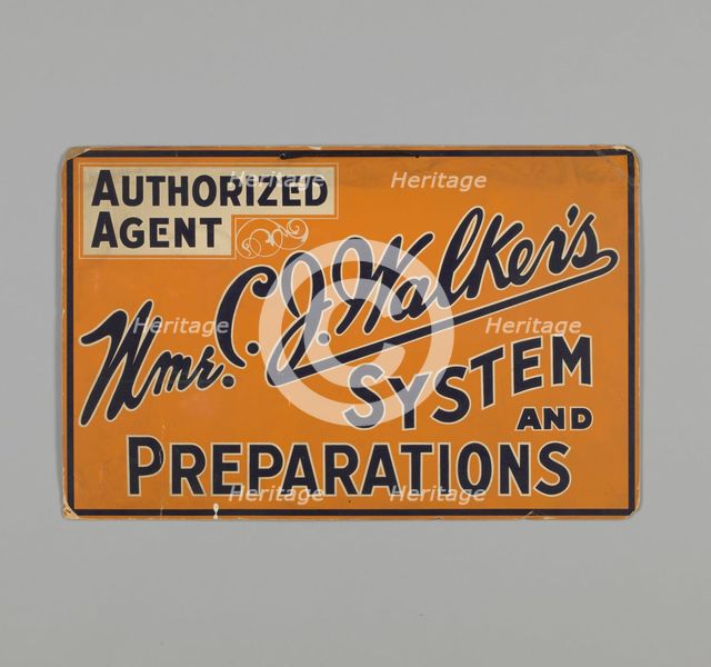 Sign for authorized agent of Mme. C.J. Walker's, ca. 1930. Creator: Unknown.