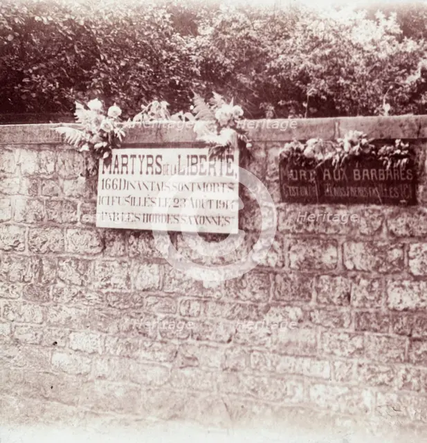 Sign in memory of civilians who were shot by the Germans, Dinant, Belgium, c1914-c1918. Artist: Unknown.
