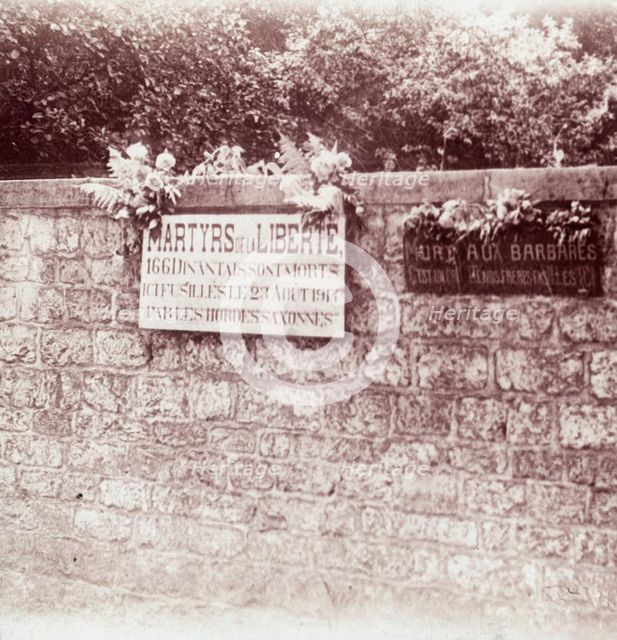 Sign in memory of civilians who were shot by the Germans, Dinant, Belgium, c1914-c1918. Artist: Unknown.