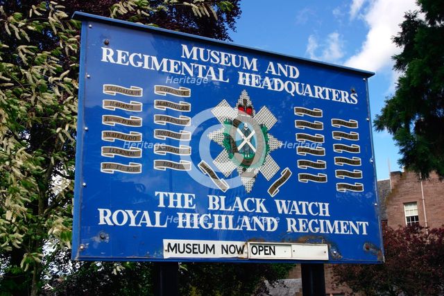 Sign, museum and headquarters of the Royal Highland Regiment, Perth, Scotland. Creator: Peter Thompson.