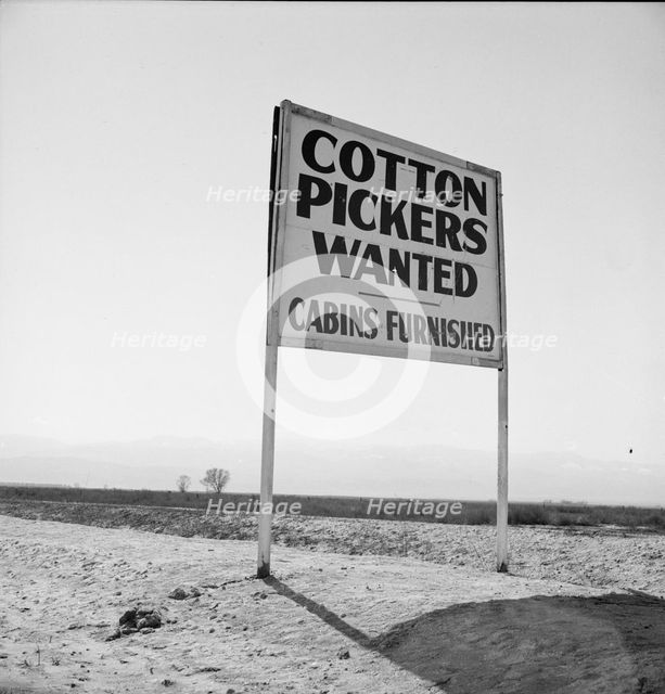 Sign on U.S. 99 main highway between Los Angeles and San Francisco, Kern County, California, 1939. Creator: Dorothea Lange.