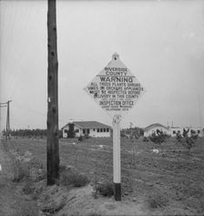 Sign on road entering California where there is now plant quarantine inspection, 1937. Creator: Dorothea Lange