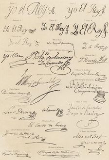 Signatures of Kings and famous people of the Spanish court, engraving, 1870