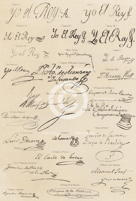 Signatures of Kings and famous people of the Spanish court, engraving, 1870.