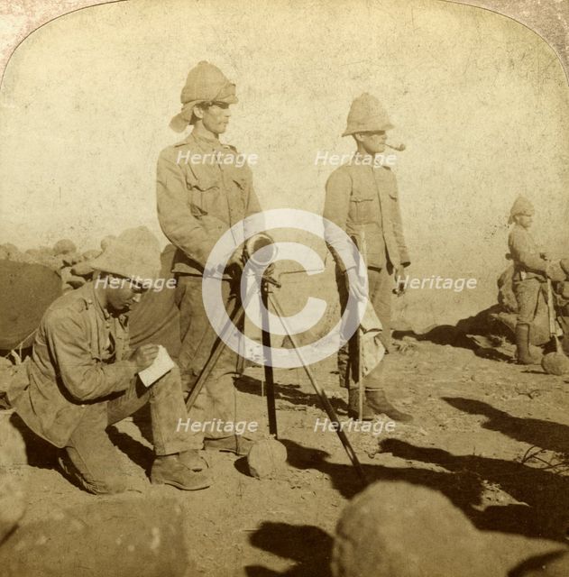 Signallers of the Yorkshire Regiment, New Zealand Hill, South Africa, Boer War, 1900Artist: Underwood & Underwood