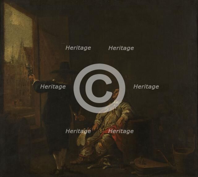 Signboard of a Wineshop, with Tasting the Wine on one side and Barreling the Wine on the other, c.16 Creator: Circle of Aelbert Cuyp.