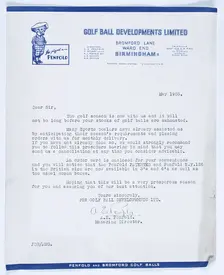 Signed letter from Managing Director, Penfold Golf Balls to stockists, British, 1955. Creator: Unknown