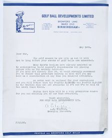 Signed letter from Managing Director, Penfold Golf Balls to stockists, British, 1955