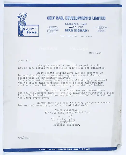 Signed letter from Managing Director, Penfold Golf Balls to stockists, British, 1955. Creator: Unknown.