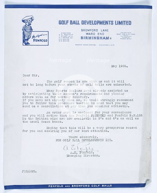 Signed letter from Managing Director, Penfold Golf Balls to stockists, British, 1955. Artist: Unknown