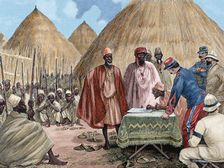 Signing a treaty between French colonists and the heads of the Kingdom of Tamisso, Africa, 1892. Creator: Unknown