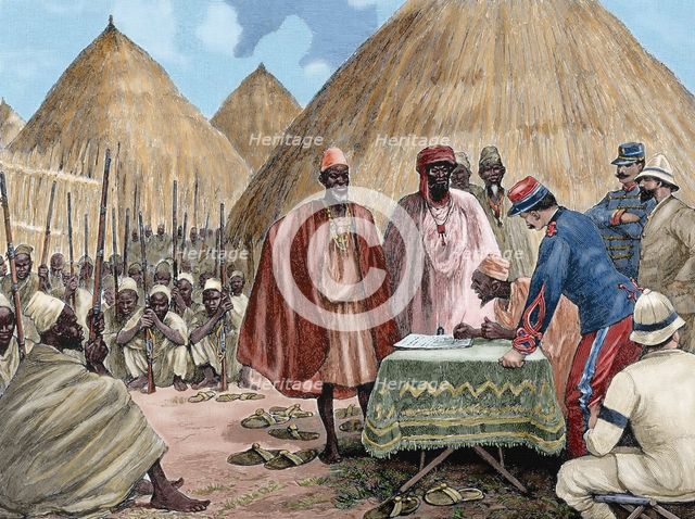 Signing a treaty between French colonists and the heads of the Kingdom of Tamisso, Africa, 1892.  Creator: Unknown.