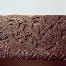 Sigurd kills the Dragon, Fafnir. Detail of wood panel of Hylestad Church, Norway