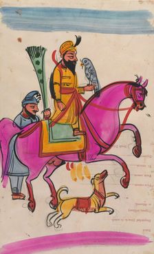 Sikh man with a falcon on horseback, identified as Guru Gobind Singh. Creator: Unknown