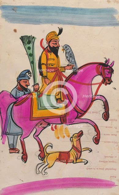 Sikh man with a falcon on horseback, identified as Guru Gobind Singh. Creator: Unknown.