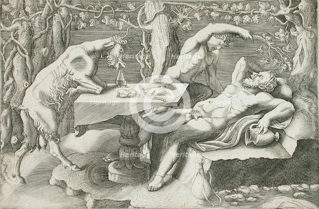 Silenus, a Satyr and a Goat, c1540. Creator: Giorgio Ghisi.