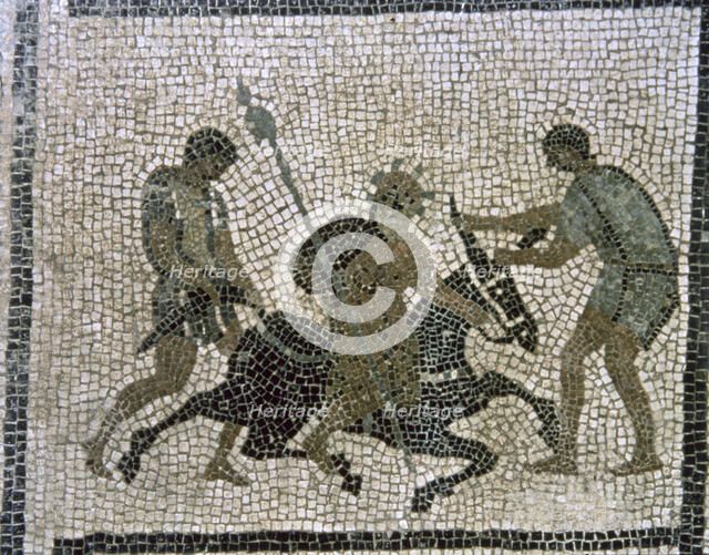 Silenus on a donkey, mosaic.