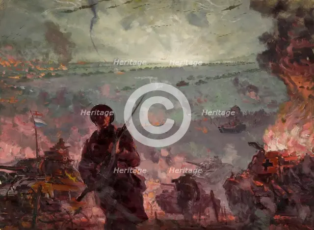 Silhouette of soldier with bayonet in foreground of coastal attack scene..., between 1939 and 1946. Creators: Unknown, Central Office of Information.