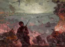 Silhouette of soldier with bayonet in foreground of coastal attack scene..., between 1939 and 1946. Creators: Unknown, Central Office of Information