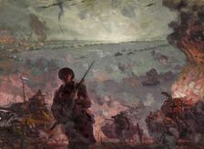 Silhouette of soldier with bayonet in foreground of coastal attack scene..., between 1939 and 1946. Creators: Unknown, Central Office of Information
